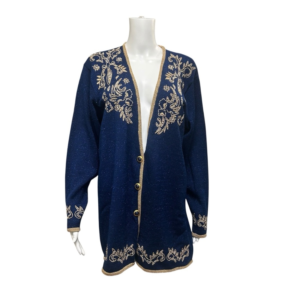 Vintage Jaclyn Smith Beautiful Metallic Blue Faux Pearl Cardigan Size L